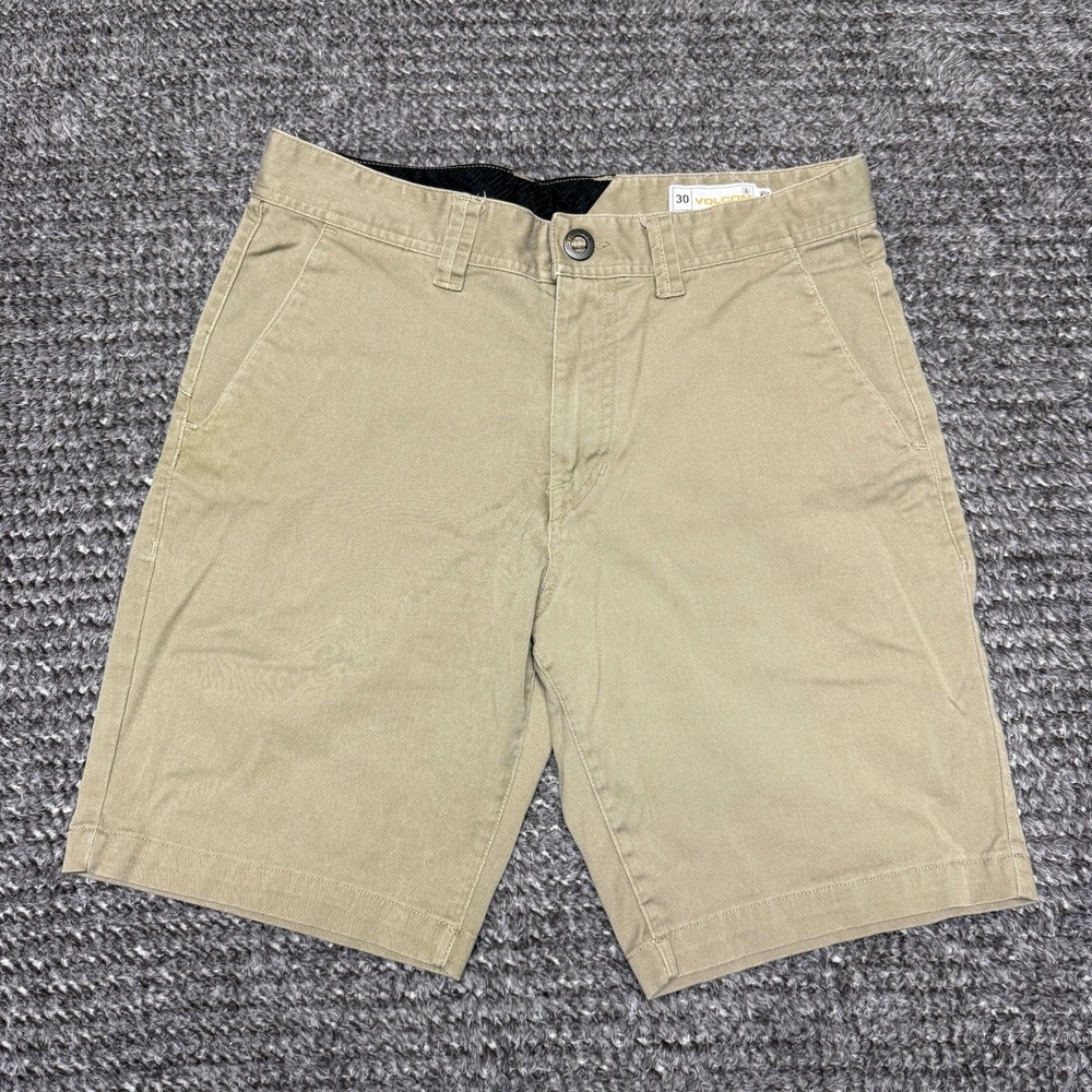 Volcom Mens Chino Shorts Size 30 Tan Khaki‎ Flat Front Casual Stretch